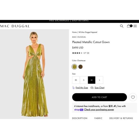 Mac Duggal Pleated Metallic Cutout Gown Maxi Dress Chartreuse Green Size M UB - Picture 2 of 10